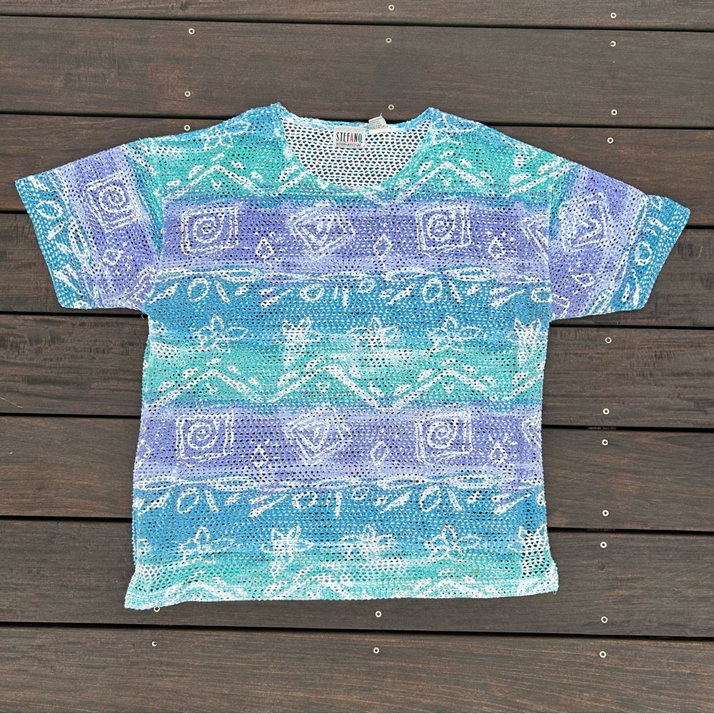 Blue/Green Stefano International Vintage Graphic Floral/Aztec Crochet Top